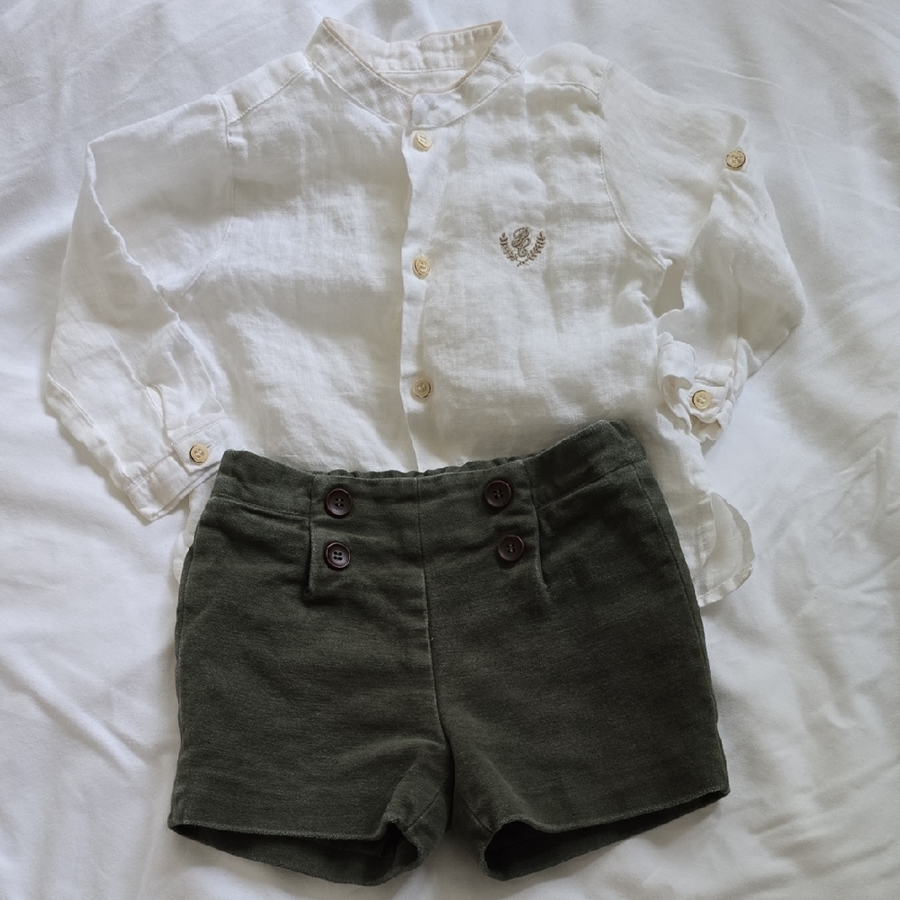 Pili Carrera Linen Shirt and Olive Shorts Set 18m
